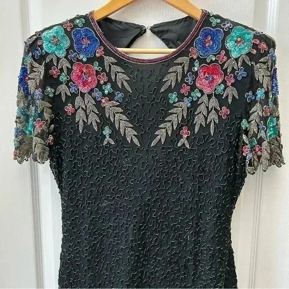 SCALA Sequin Beaded Cocktail Evening Dress Black Multi Colour Open  Back Medium - Picture 5 of 15